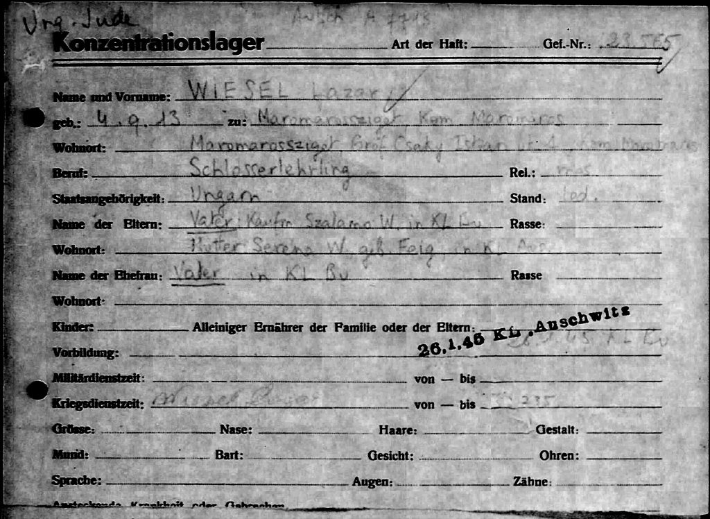 The Buchenwald file card that shows Lazar Wiesel, born 9-4-1913, occupation Locksmith, A-B prisoner number A-7713, arrived in a transport from Auschwitz.