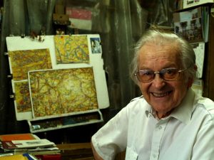 Jehuda Bacon in his studio in Jerusalem in August 2008, displaying his “world famous art” inspired by the Holocaust. 