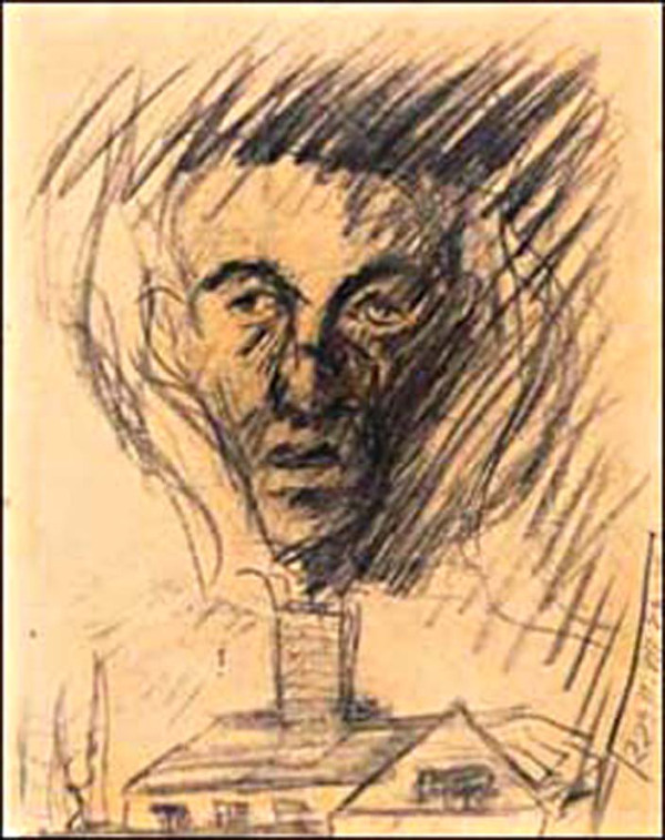 Yehuda Bacon says drew this 'portrait' of his father going up in smoke at Auschwitz when he was 16 years old. He became a professional artist. famous for his fantastical holocaust images.
