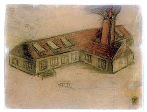 Drawing of the crematorium/'gas chamber' with smoking chimney by Yehuda Bacon, part of the Yad Vashem collection.